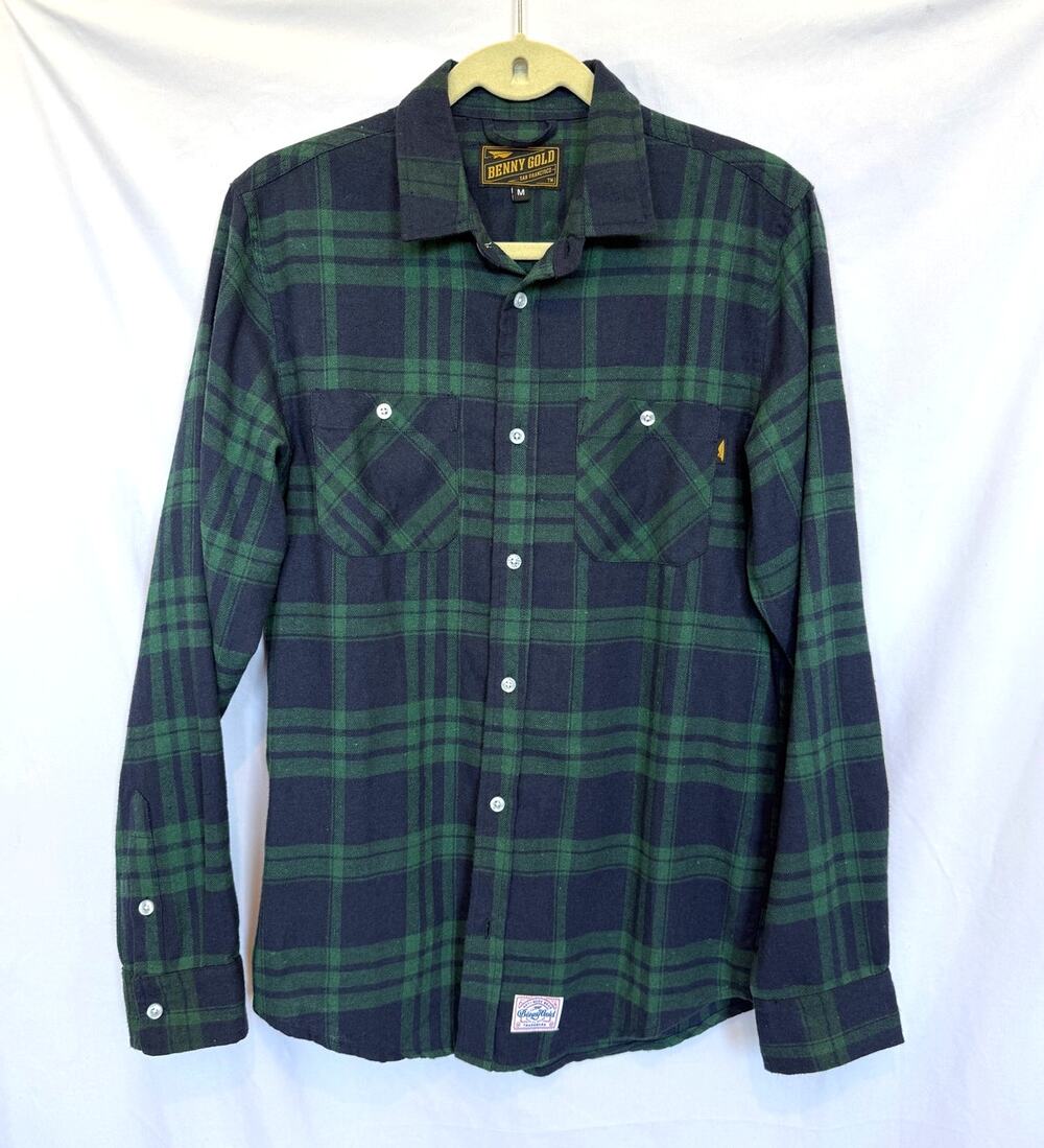 Men's Benny Gold Green Navy Plaid Button Up Flannel, Medium Gorpcore Lumberjack